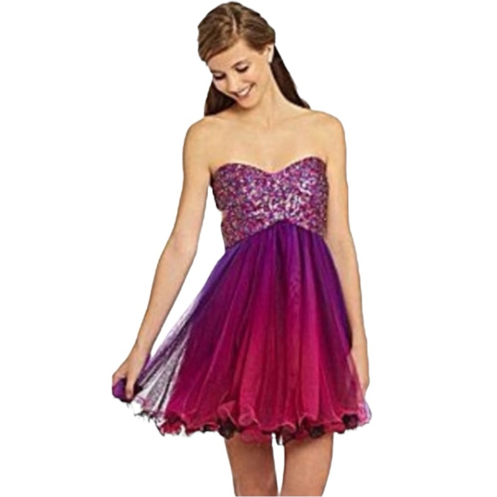 Blondie Nites Sequin Ombre Tulle Strapless Party Dress Pink Purple Juniors 11 - Picture 3 of 12